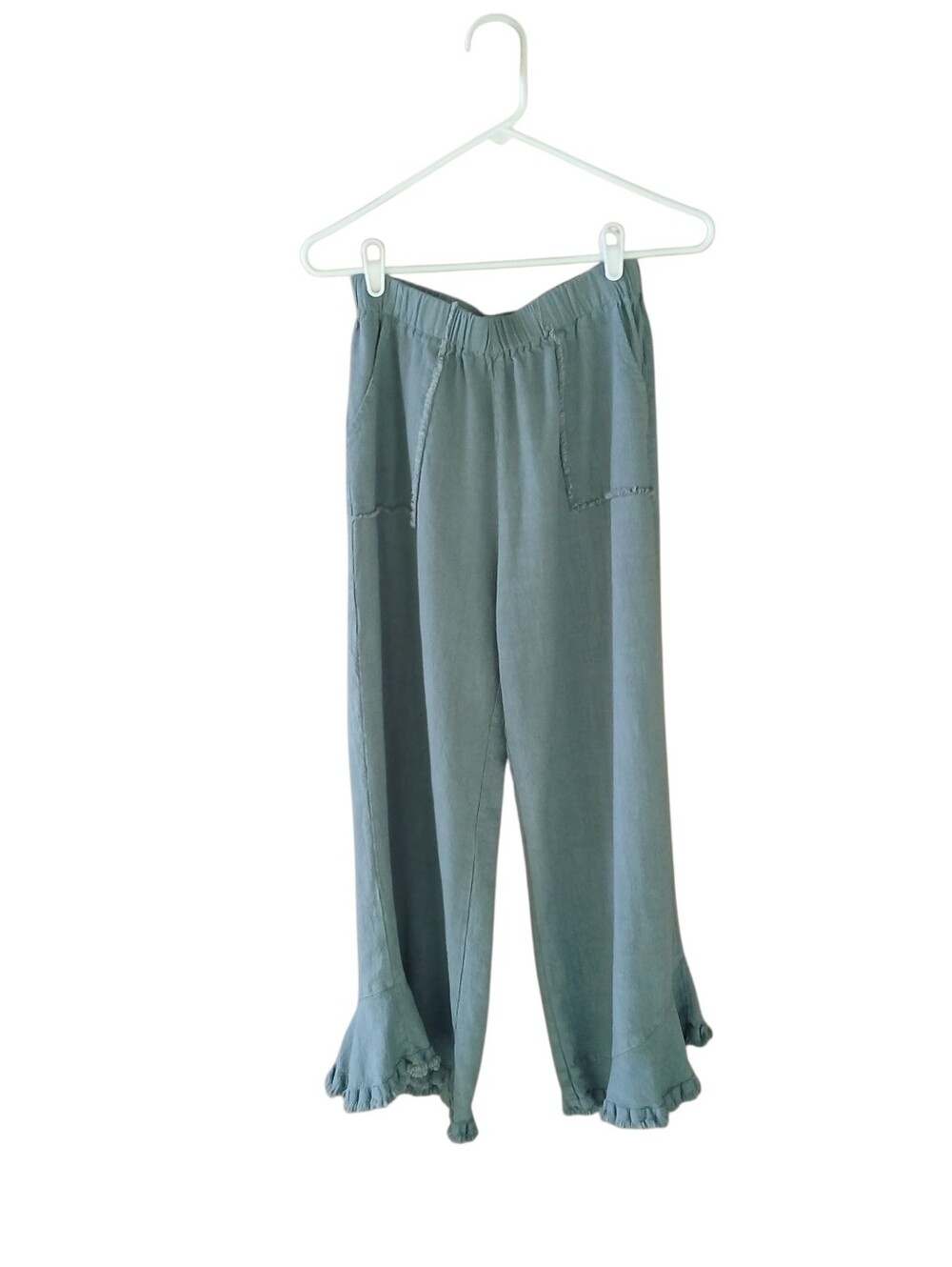 Umgee USA Sage Ruffled Hem Wide Legged Linen Blend Cropped Pants Small